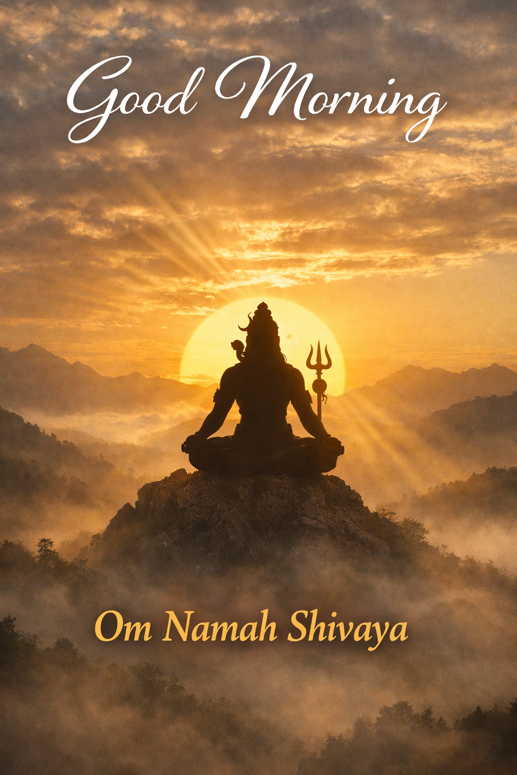 Good morning image Shiva silhouette meditating mountain sunrise Om Namah Shivaya